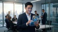 Young Asian businessman using digital tablet with network connections in modern office conference room during corporate meeting.