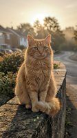 Fluffy ginger cat sitting on a stone wall at golden sunset, warm backlight glowing through fur, suburban street and trees in background.