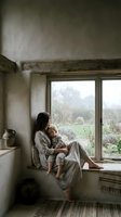 Mother holding baby sitting by rustic window in cozy farmhouse interior with natural light and countryside view for family lifestyle content.