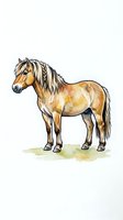 Watercolor illustration of a brown horse with braided mane standing in profile on white background, isolated and ready for design use on apparel and merchandise.