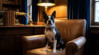 Boston Terrier dog sitting on brown leather armchair in cozy home library with warm lighting and bookshelves creating comfortable indoor atmosphere.
