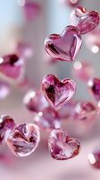 Translucent pink glass hearts floating with bokeh background, creating romantic atmosphere for Valentine's Day or wedding designs.