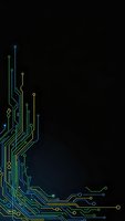 Digital circuit board pattern with glowing neon lines and connection points on dark background for technology and electronics design projects.