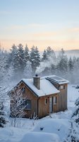 Wooden cabin with snow-covered roof and chimney nestled in winter landscape surrounded by frost-covered evergreen trees and mountains at sunrise or sunset.