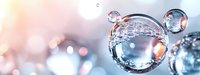 Transparent soap bubbles floating in soft pastel light with dreamy bokeh background creating magical atmosphere for wellness and beauty concepts.