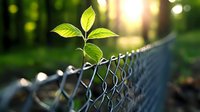 Young green plant sprout growing through metal chain link fence in sunlit forest, symbolizing hope, persistence and breaking free through barriers.