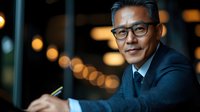 Middle-aged Asian male professional businessman wearing glasses and dark suit with tie, holding pen, sitting in modern office environment with blurred warm bokeh lighting in background at night.