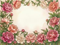 Elegant peony flower frame with pink and coral blooms on cream background. Floral border design for wedding invitations, greeting cards and romantic projects.