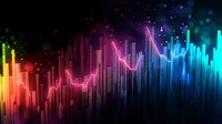Vibrant rainbow colored audio waveform visualization with glowing light effects and vertical bars against dark background, digital music equalizer spectrum display.