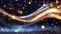 Magical glowing wave with golden sparkles and light particles flowing on dark background, creating ethereal atmospheric effect for festive designs.