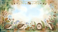 Woodland hedgehogs and forest creatures surrounded by wildflowers, ferns, and botanical elements in whimsical border frame for children's designs.