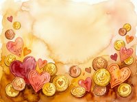 Watercolor background with golden coins and red hearts, warm orange tones, copy space for Valentine's Day, wedding, or financial love concept.