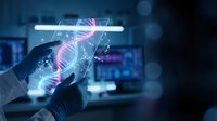 Hand holding tablet displaying glowing DNA double helix with digital connections in modern laboratory setting for biotechnology research applications.