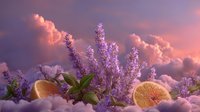 Dreamy lavender flowers and citrus slices floating among fluffy clouds at sunset, creating a magical aromatic scene for wellness and fragrance concepts.