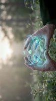 Hands holding glowing holographic digital sphere with futuristic interface elements in natural outdoor setting with sunlight and bokeh background.