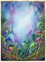 Enchanted forest frame with luminous mushrooms, ferns, and botanical elements surrounding a dreamy watercolor gradient background in purple, blue, and green tones.