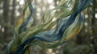 Flowing translucent fabric in blue and green tones with soft bokeh lights creating dreamy ethereal atmosphere for creative projects and backgrounds.