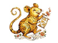 Decorative golden mouse holding a festive lantern with ornamental flourishes and floral elements, isolated on white background for design projects, greeting cards, and seasonal celebrations.
