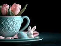 Easter composition with pink tulips in turquoise ceramic cup, decorative bunny figurine and painted egg on dark background. Elegant holiday setup.