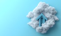 Minimalist blue arrow pointing upward emerging from fluffy white cloud formation against light blue background, symbolizing growth, success and cloud computing solutions.