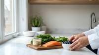 Young adult with light skin tone wearing white chef's coat preparing fresh vegetables on marble countertop near window in modern kitchen with potted herbs and minimalist decor.
