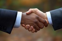Close-up of African American and Caucasian businessmen shaking hands, symbolizing partnership, agreement, and diversity in professional workplace setting.