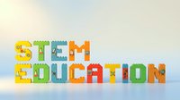 Colorful puzzle piece letters spelling STEM EDUCATION on white background for learning concepts and educational materials.