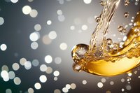 Splashing golden liquid with dynamic droplets and bubbles against blurred bokeh background creates dramatic motion effect for beverage and luxury advertising.