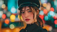 Young woman in black military cap with blonde hair against colorful bokeh city lights background at night creating atmospheric urban portrait.
