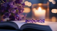 Purple crystal bracelet on open book with glowing candle and lilac flowers creating romantic atmosphere for meditation, spirituality and mindfulness practices.