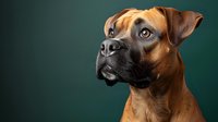 Attentive Boxer dog with fawn coat looking up against dark green background, showing distinctive facial features and alert expression in studio lighting.