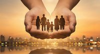 Protective hands holding family silhouettes over sunset cityscape with water reflection symbolizing care, insurance, security and social protection services.