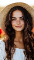 Young woman with long wavy brown hair wearing straw hat and white top smiling outdoors in golden hour light with natural makeup and freckles.