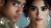 Young woman with glamorous evening makeup, gold earrings and dark hair in elegant updo style against blurred lights background, soft focus portrait.