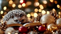 Adorable hedgehog wearing glasses reading book among Christmas decorations, pine cones and bokeh lights creating cozy holiday atmosphere.