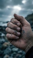 Cupped hands holding sparkling blue glitter particles against moody sky background creating magical moment of wonder and dreams coming true.
