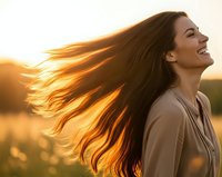 Young woman with flowing hair enjoying golden hour sunset light outdoors expressing joy and freedom in natural landscape setting.