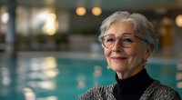 Senior woman with gray hair and glasses smiling warmly while wearing a turtleneck sweater, standing near swimming pool with soft bokeh lights in background. Wellness and active aging concept.