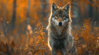 Majestic gray wolf standing alert in autumn meadow with golden sunlight illuminating wild grass and creating magical bokeh effect in background.