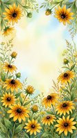 Watercolor sunflower border frame with yellow blooms and green foliage on soft background for greeting cards, invitations and botanical designs.