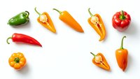 Fresh colorful bell peppers and chili peppers arranged on white background, perfect for healthy cooking recipes and culinary design projects.
