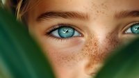 Close-up portrait showing bright blue eyes and natural freckles partially hidden behind green leaves, creating mysterious and artistic composition for beauty concepts.