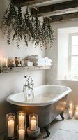 Rustic spa bathroom with vintage clawfoot tub, dried eucalyptus bundles, candles and wooden beams creating serene wellness retreat atmosphere.