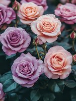 Blooming pink and peach roses with delicate petals against dark green foliage create romantic garden atmosphere. Soft pastel colors blend in elegant floral composition.