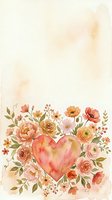 Watercolor floral heart arrangement with roses and wildflowers in warm peach and coral tones on a soft cream background.