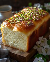 Freshly baked milk bread loaf topped with green onions and sesame seeds on wooden board, with spring blossoms decoration, close up view in natural light.