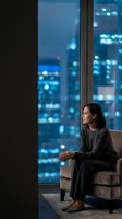 Young professional woman sitting in armchair by large window overlooking illuminated city skyline at night, contemplating urban view from modern apartment.
