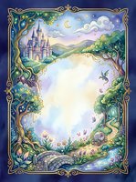 Fairy tale frame with castle, magical forest, crescent moon and ornate border for fantasy storytelling and children's book design.