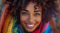 Young African American woman with natural curly hair and bright smile against colorful rainbow background, radiating joy and confidence. Perfect for diversity campaigns.