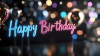 Glowing neon happy birthday text on dark background with colorful bokeh lights creating festive atmosphere for celebration and party decoration.